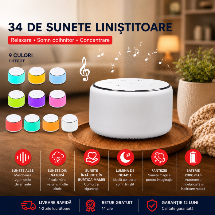 Dispozitiv Sunete Albe, 34 sunete Linistitoare, 9 culori ajustabile, Lumina Veghe, Functie Timer Si Memorare, Incarcator USB-C, pentru copii si adulti, 2000mAH Lampa de veghe [2]