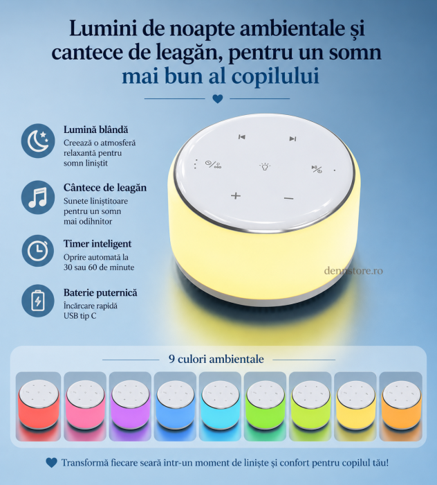 Dispozitiv Sunete Albe, 34 sunete Linistitoare, 9 culori ajustabile, Lumina Veghe, Functie Timer Si Memorare, Incarcator USB-C, pentru copii si adulti, 2000mAH Lampa de veghe [3]