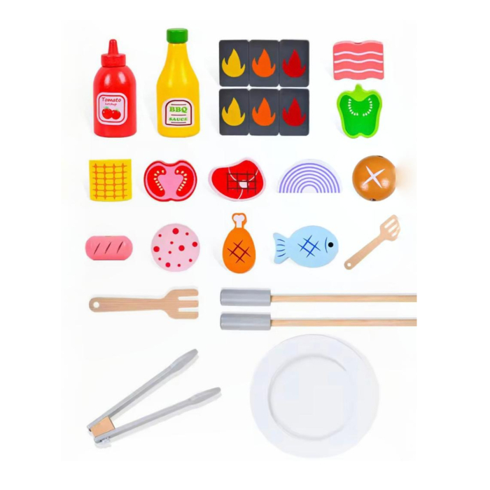 Grătar, BBQ de jucărie din lemn pentru copii, set role-play, accesorii incluse: spatulă, clește, cărbuni, sosuri, frigărui 3+ ani [3]