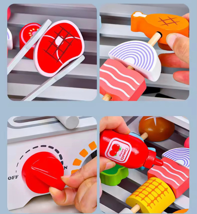 Grătar, BBQ de jucărie din lemn pentru copii, set role-play, accesorii incluse: spatulă, clește, cărbuni, sosuri, frigărui 3+ ani [2]