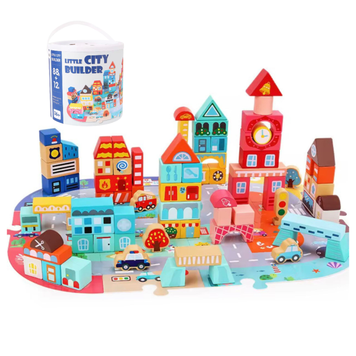 Joc cuburi de lemn Oras colorat, 100 piese, puzzle, Dezvoltare motrica si inteligenta, imaginatiecopii [1]