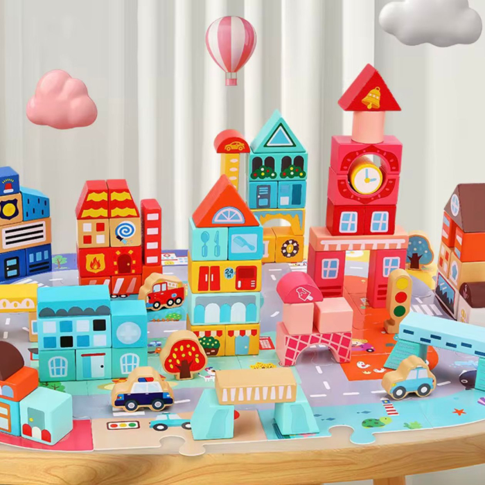 Joc cuburi de lemn Oras colorat, 100 piese, puzzle, Dezvoltare motrica si inteligenta, imaginatiecopii [3]