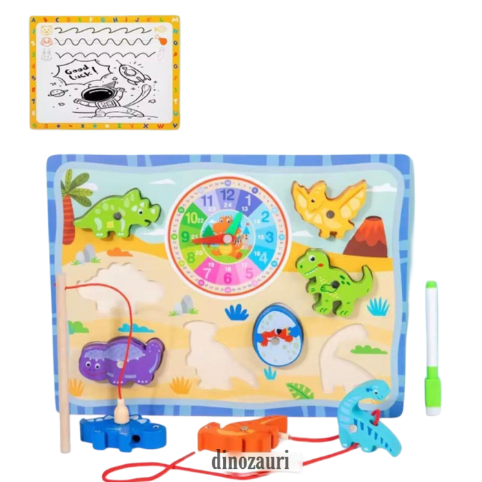 Joc educativ multifuncțional din lemn – Puzzle, ceas didactic, joc de pescuit magnetic și tablă de scris Dinozauri [1]