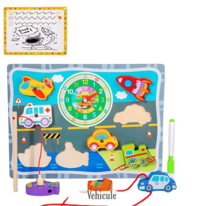 Joc educativ multifuncțional din lemn – Puzzle, ceas didactic, joc de pescuit magnetic și tablă de scris  Vehicule [1]