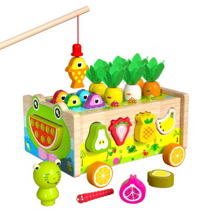 Jucărie educativă Montessori  din lemn 3-în-1 – Pescuit magnetic, sortare legume, recoltat [1]
