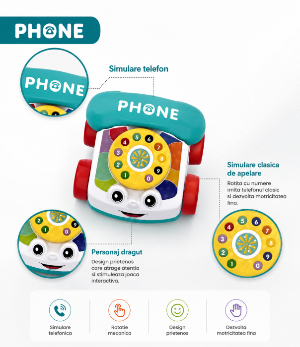 Jucarie interactiva pentru bebelusi, telefon, cu disc rotativ si roti, design colorat [3]