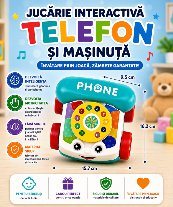 Jucarie interactiva pentru bebelusi, telefon, cu disc rotativ si roti, design colorat [5]