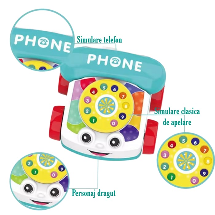 Jucarie interactiva pentru bebelusi, telefon, cu disc rotativ si roti, design colorat [5]