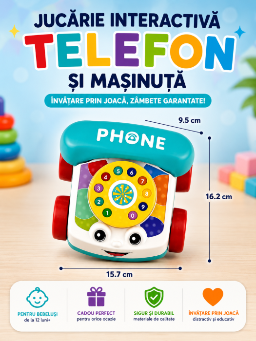 Jucarie interactiva pentru bebelusi, telefon, cu disc rotativ si roti, design colorat [2]