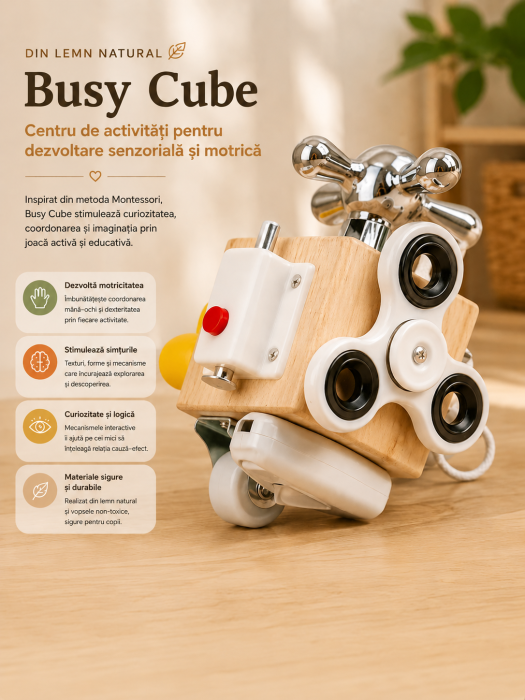 Jucărie Montessori Busy Cube din lemn – Centru de Activități pentru Dezvoltare Sensorială și Motrică, pentru Copii 1an+ [2]
