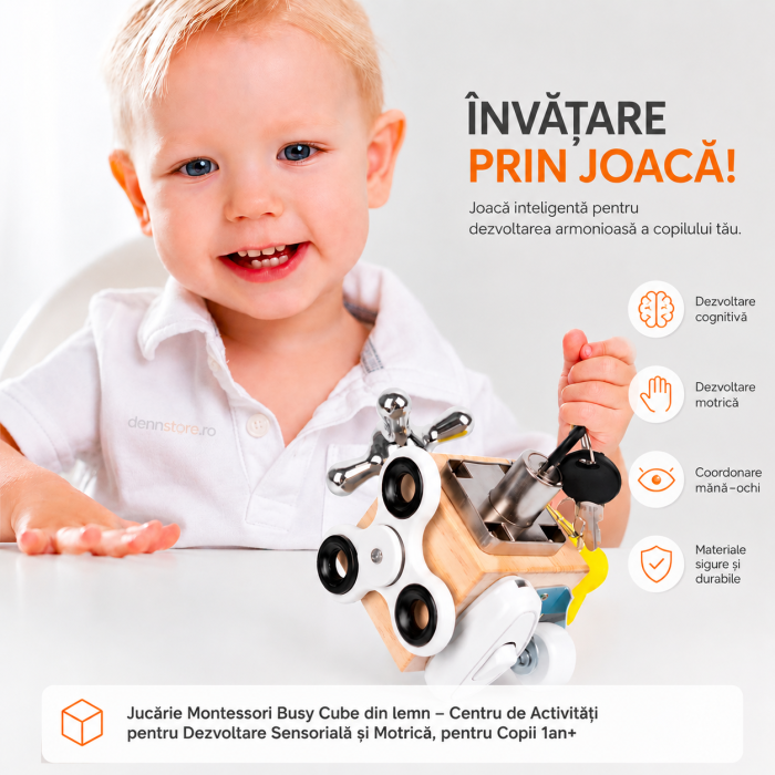 Jucărie Montessori Busy Cube din lemn – Centru de Activități pentru Dezvoltare Sensorială și Motrică, pentru Copii 1an+ [4]