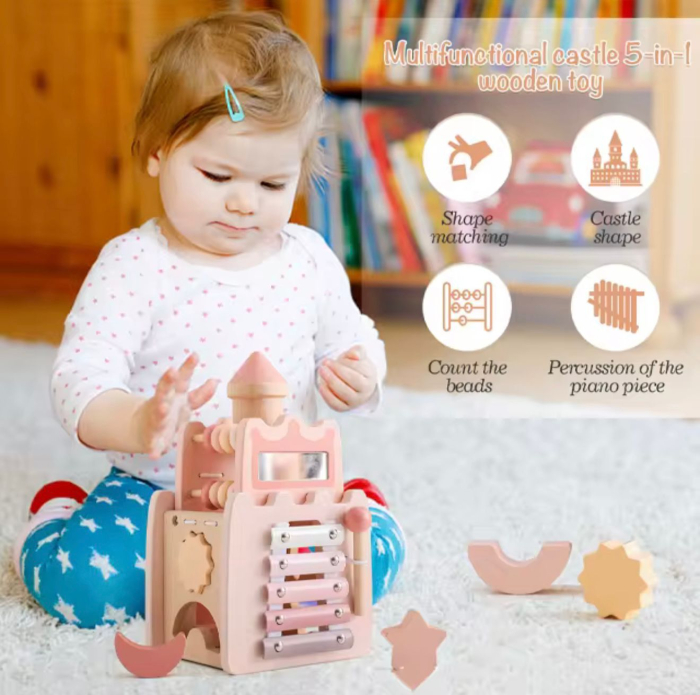 Jucărie Montessori din lemn 5în1 „Castel” – centru activități, xilofon, sortator forme și oglinda Roz 1 an+ [2]