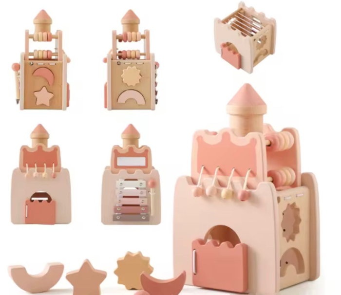 Jucărie Montessori din lemn 5în1 „Castel” – centru activități, xilofon, sortator forme și oglinda Roz 1 an+ [4]