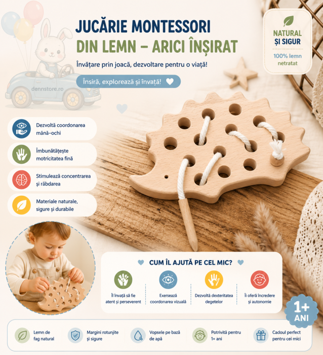 Jucărie Montessori din lemn „Arici” – joc de înșirat și dezvoltare motrică 1+ ani [4]