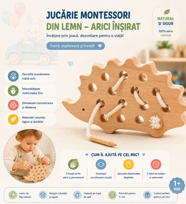 Jucărie Montessori din lemn „Arici” – joc de înșirat și dezvoltare motrică 1+ ani [2]