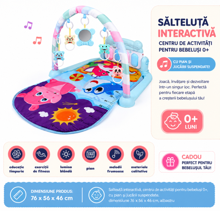Salteluță interactivă, centru de activitati pentru bebelusi 0+, cu pian si jucării suspendate, dimensiune 76 x 56 x 46 cm, albastru [2]