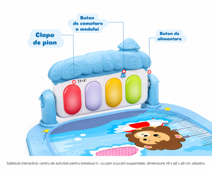 Salteluță interactivă, centru de activitati pentru bebelusi 0+, cu pian si jucării suspendate, dimensiune 76 x 56 x 46 cm, albastru [5]
