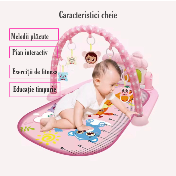 Salteluță interactivă, centru de activitati pentru bebelusi 0+, cu pian si jucării suspendate, dimensiune 76 x 56 x 46 cm, roz [3]