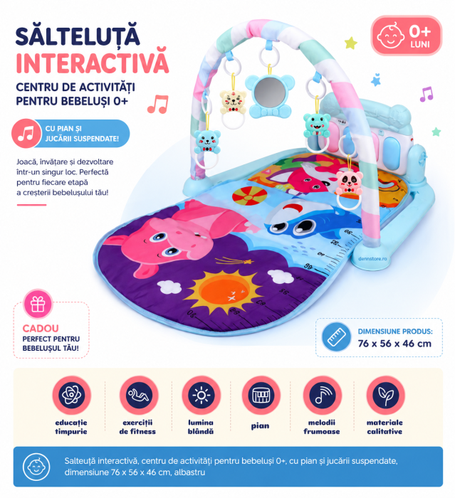 Salteluță interactivă, centru de activitati pentru bebelusi 0+, cu pian si jucării suspendate, dimensiune 76 x 56 x 46 cm, albastru [3]