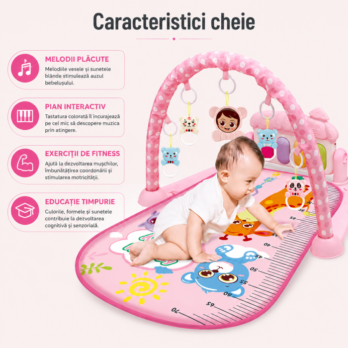 Salteluță interactivă, centru de activitati pentru bebelusi 0+, cu pian si jucării suspendate, dimensiune 76 x 56 x 46 cm, roz [6]