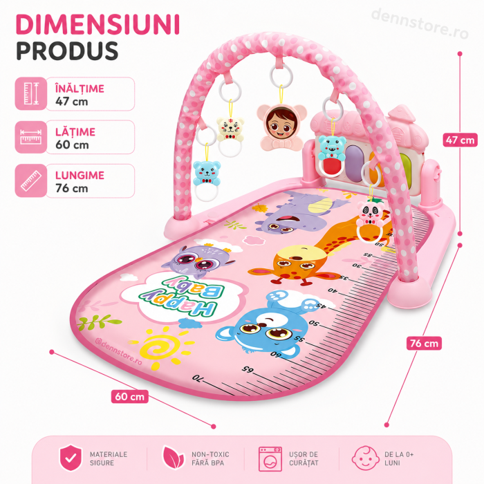 Salteluță interactivă, centru de activitati pentru bebelusi 0+, cu pian si jucării suspendate, dimensiune 76 x 56 x 46 cm, roz [2]
