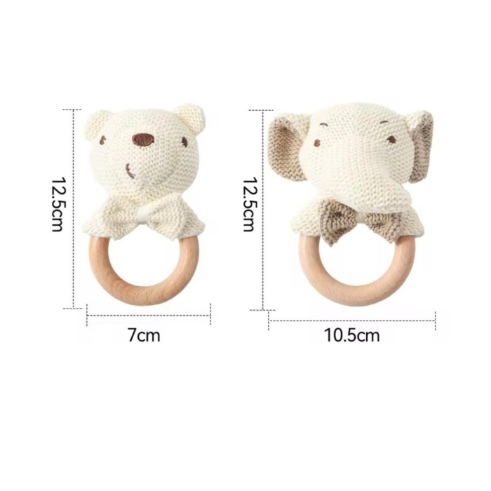 Set 2 jucării/inele dentiție bebeluși – urs & elefant tricotate, inel lemn natural 0+ luni [3]