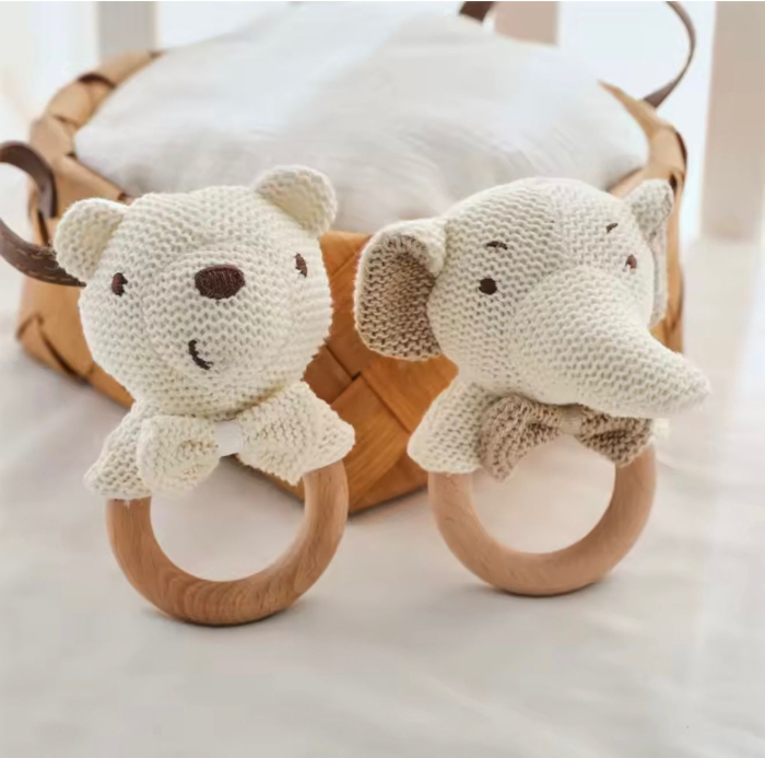 Set 2 jucării/inele dentiție bebeluși – urs & elefant tricotate, inel lemn natural 0+ luni [2]