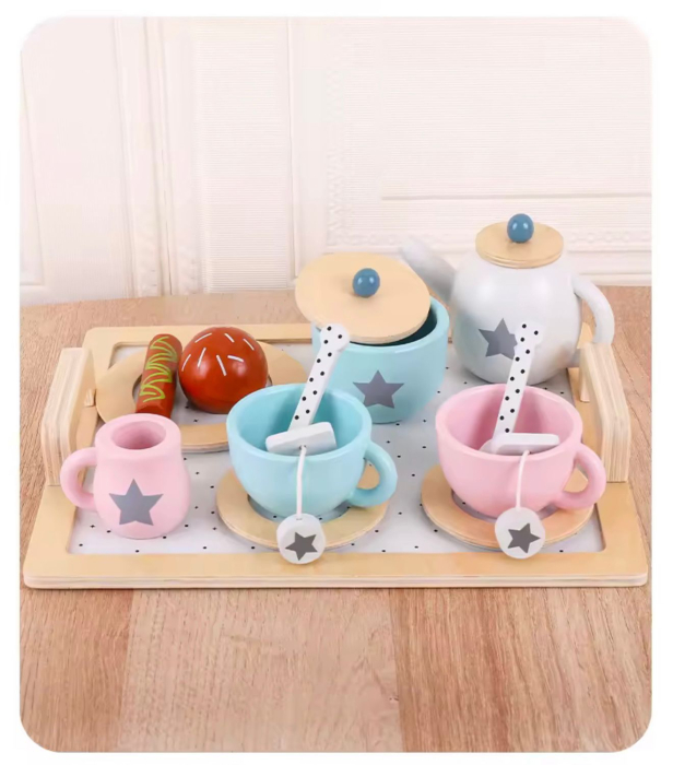 Set ceai pentru copii din lemn, Afternoom tea set 13 piese— tavă, ceainic,  cești, farfurii și accesorii 36 luni + [3]