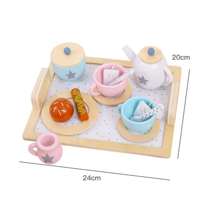 Set ceai pentru copii din lemn, Afternoom tea set 13 piese— tavă, ceainic,  cești, farfurii și accesorii 36 luni + [4]