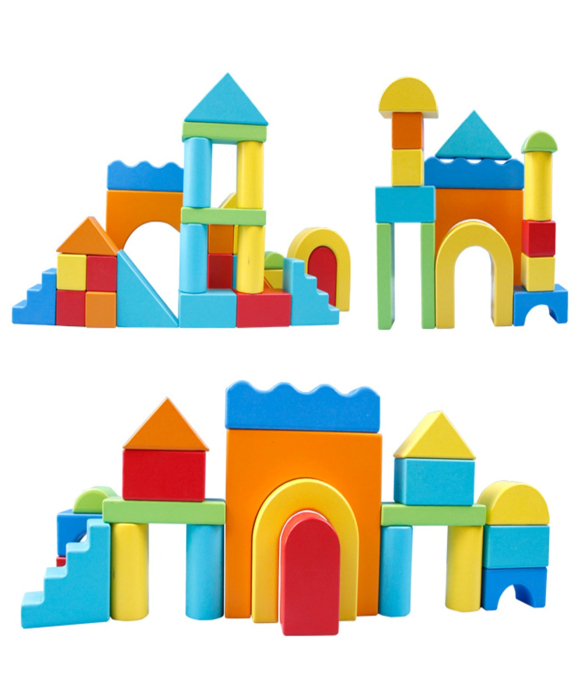 Set cuburi de construit din lemn colorat 33 piese — blocuri educative Montessori, formă geometrică variată, pentru dezvoltarea motricității și creativității 2+ ani [1]