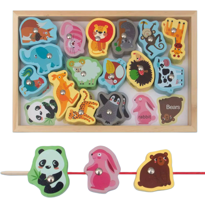 Set educativ 3 în 1 Montessori din lemn – pescuit magnetic, activitate de înșirare și sortare Animale [1]