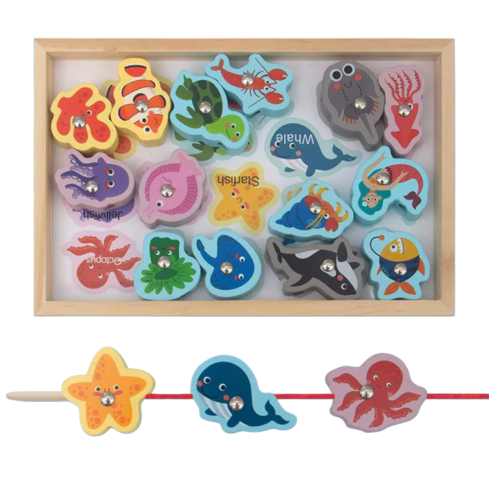 Set educativ 3 în 1 Montessori din lemn – pescuit magnetic, activitate de înșirare și sortare Animale marine [1]
