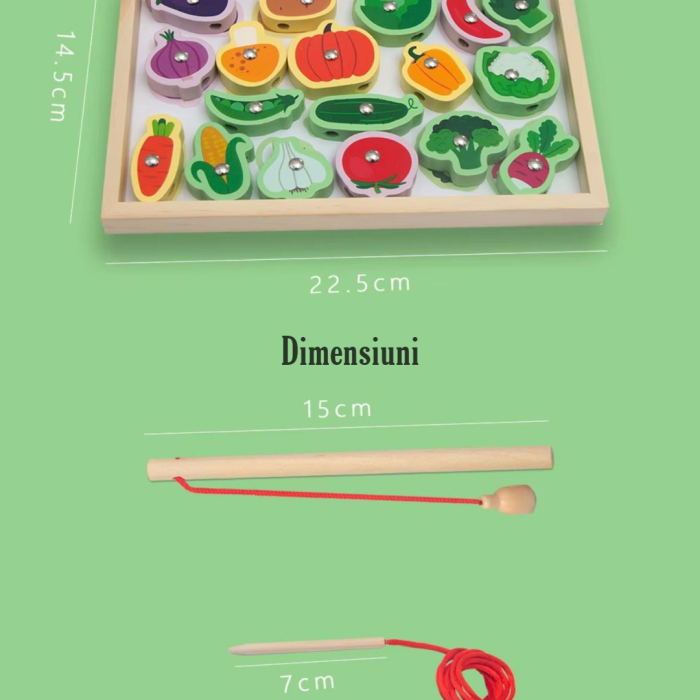 Set educativ 3 în 1 Montessori din lemn – pescuit magnetic, activitate de înșirare și sortare Alimente [3]