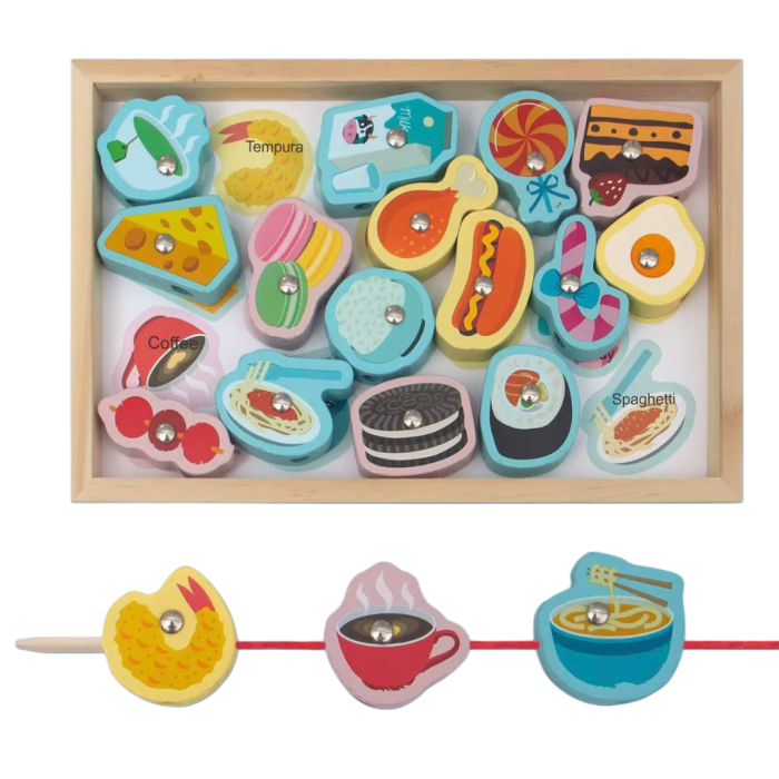 Set educativ 3 în 1 Montessori din lemn – pescuit magnetic, activitate de înșirare și sortare Alimente [1]