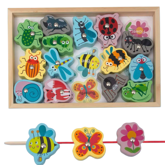 Set educativ 3 în 1 Montessori din lemn – pescuit magnetic, activitate de înșirare și sortare  Insecte [1]