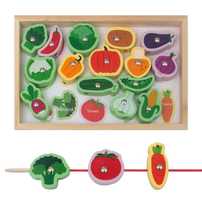 Set educativ 3 în 1 Montessori din lemn – pescuit magnetic, activitate de înșirare și sortare  Legume [1]
