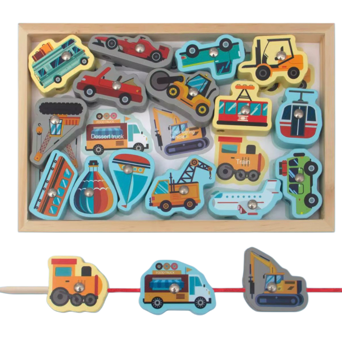 Set educativ 3 în 1 Montessori din lemn – pescuit magnetic, activitate de înșirare și sortare Vehicule [1]