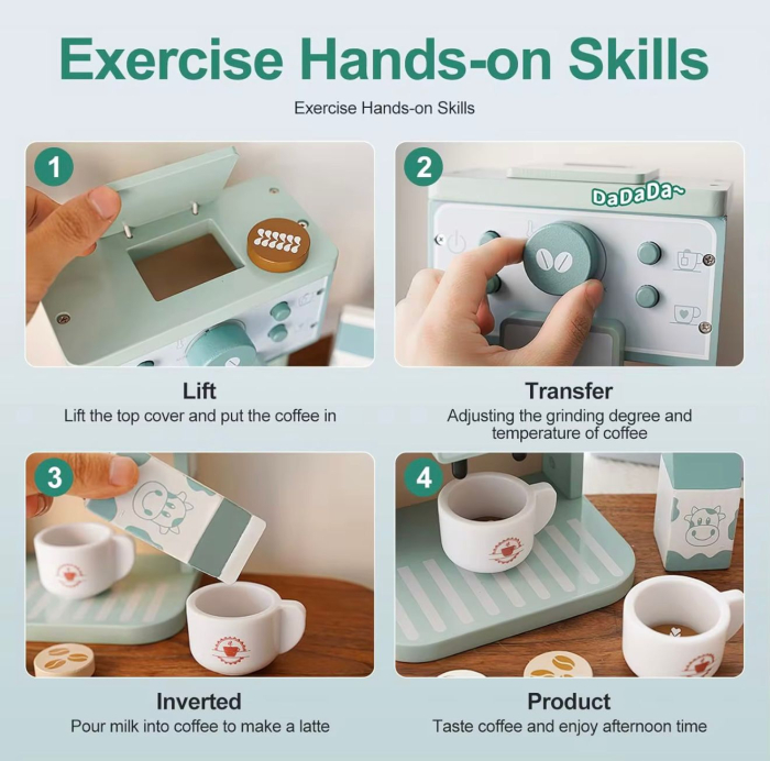 Set expressor de cafea jucarie din lemn– Set joc de rol pentru copii 36+ luni, , accesorii cafea (2 căni, lapte, discuri latte art), design Montessori, vopsea netoxică, cadou educativ [6]
