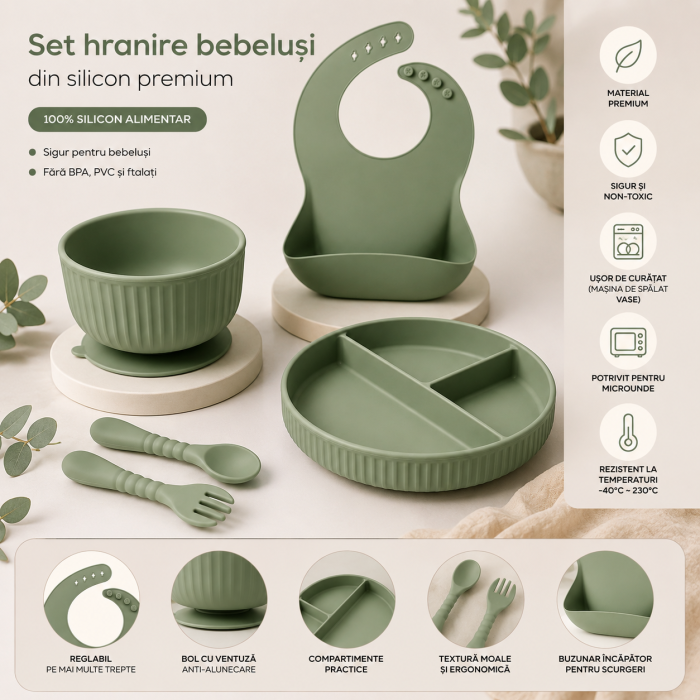 Set hranire din silicon pentru copii –  5  piese, din silicon BPA free, 6+ luni, farfurie, bol, pahar, bavetica, tacamuri, Set pentru diversificare [5]