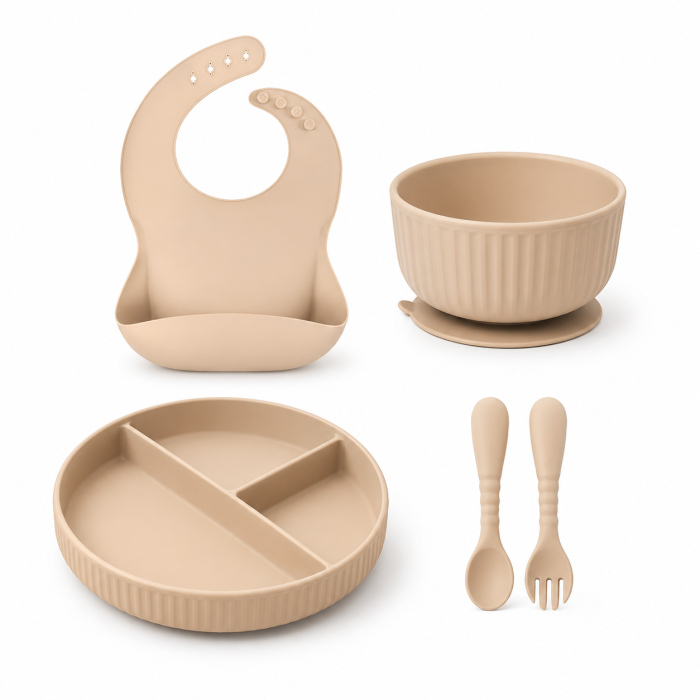 Set hranire din silicon pentru copii –  5  piese, din silicon BPA free, 6+ luni, farfurie, bol, pahar, bavetica, tacamuri, Set pentru diversificare [4]