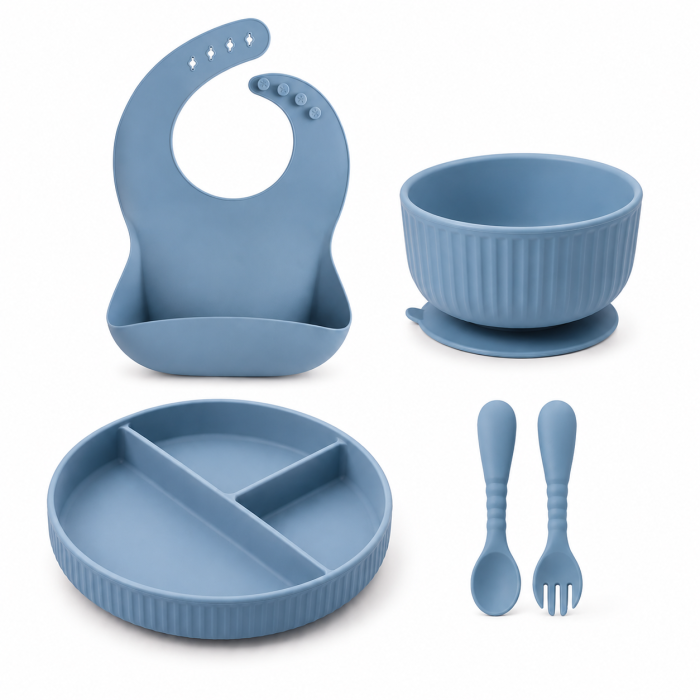 Set hranire din silicon pentru copii –  5  piese, din silicon BPA free, 6+ luni, farfurie, bol, pahar, bavetica, tacamuri, Set pentru diversificare [4]