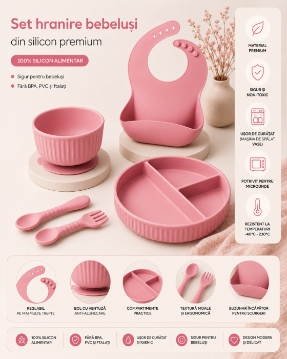 Set hranire din silicon pentru copii –  5  piese, din silicon BPA free, 6+ luni, farfurie, bol, pahar, bavetica, tacamuri, Set pentru diversificare [4]