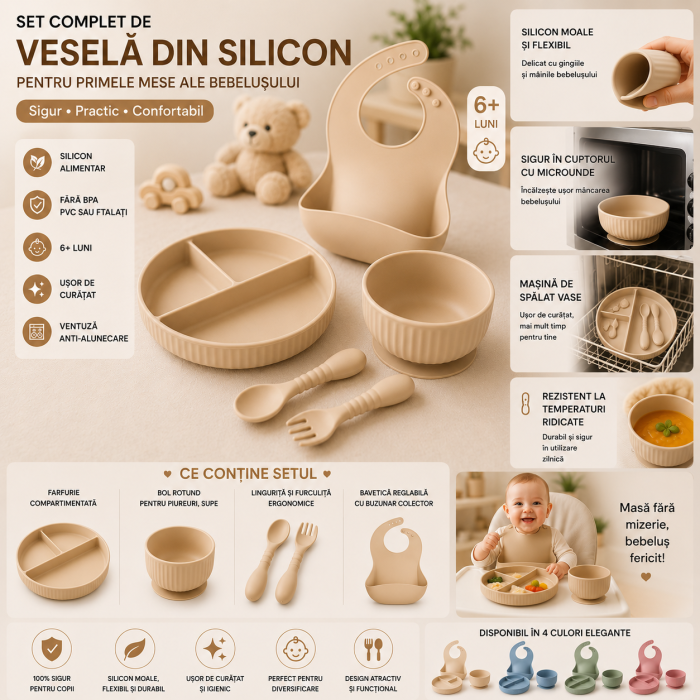 Set hranire din silicon pentru copii –  5  piese, din silicon BPA free, 6+ luni, farfurie, bol, pahar, bavetica, tacamuri, Set pentru diversificare [3]