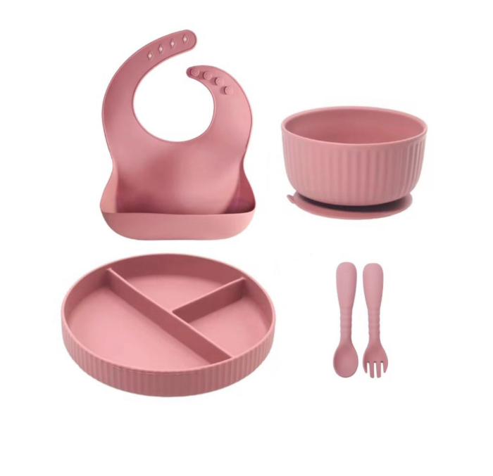 Set hranire din silicon pentru copii –  5  piese, din silicon BPA free, 6+ luni, farfurie, bol, pahar, bavetica, tacamuri, Set pentru diversificare [1]