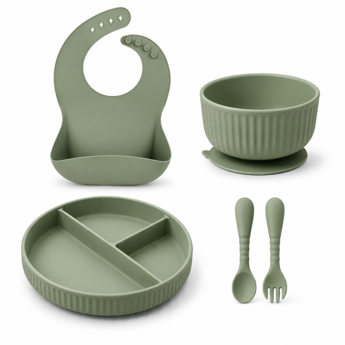 Set hranire din silicon pentru copii –  5  piese, din silicon BPA free, 6+ luni, farfurie, bol, pahar, bavetica, tacamuri, Set pentru diversificare [4]