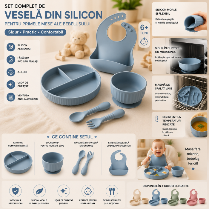 Set hranire din silicon pentru copii –  5  piese, din silicon BPA free, 6+ luni, farfurie, bol, pahar, bavetica, tacamuri, Set pentru diversificare [2]