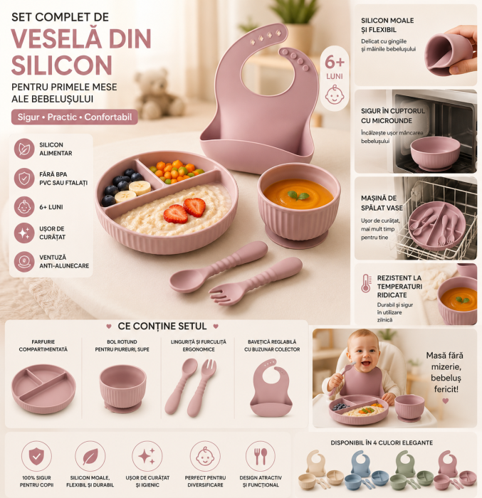 Set hranire din silicon pentru copii –  5  piese, din silicon BPA free, 6+ luni, farfurie, bol, pahar, bavetica, tacamuri, Set pentru diversificare [3]