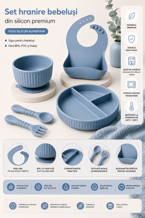 Set hranire din silicon pentru copii –  5  piese, din silicon BPA free, 6+ luni, farfurie, bol, pahar, bavetica, tacamuri, Set pentru diversificare [5]