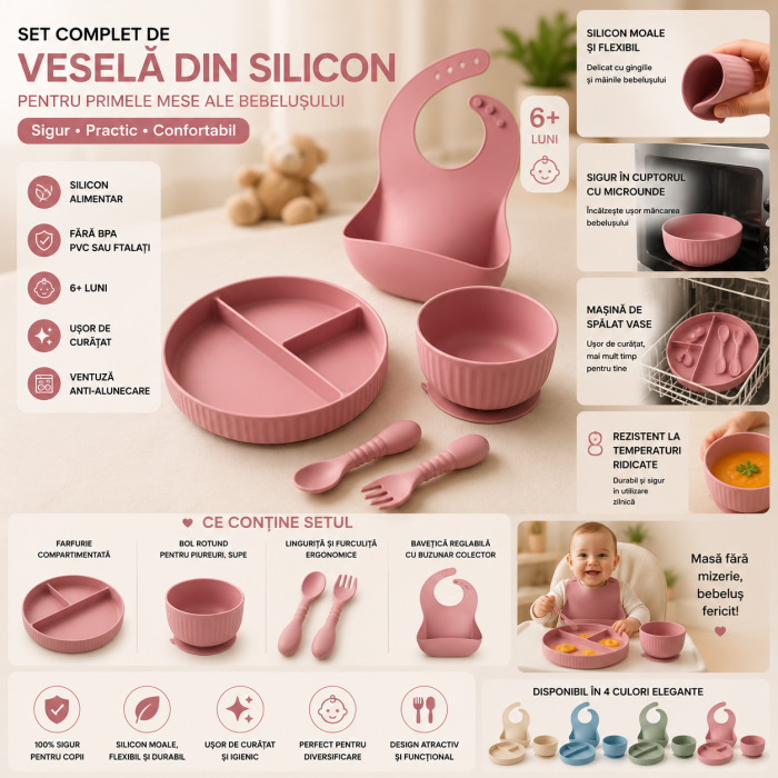 Set hranire din silicon pentru copii –  5  piese, din silicon BPA free, 6+ luni, farfurie, bol, pahar, bavetica, tacamuri, Set pentru diversificare [2]