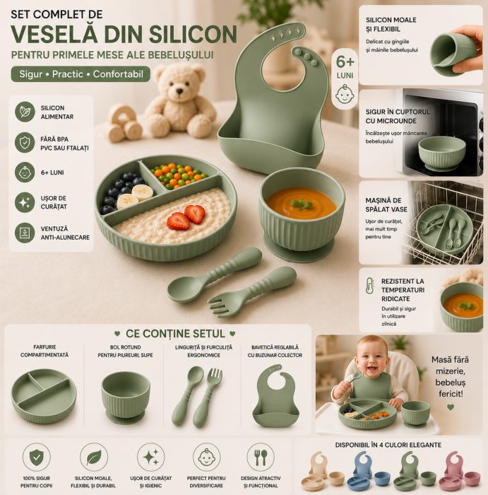 Set hranire din silicon pentru copii –  5  piese, din silicon BPA free, 6+ luni, farfurie, bol, pahar, bavetica, tacamuri, Set pentru diversificare [3]